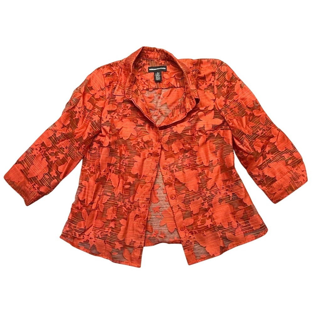 Norton McNaughton Blouse Women 12 Orange Floral Sheer 3/4 Sleeve Spring Top